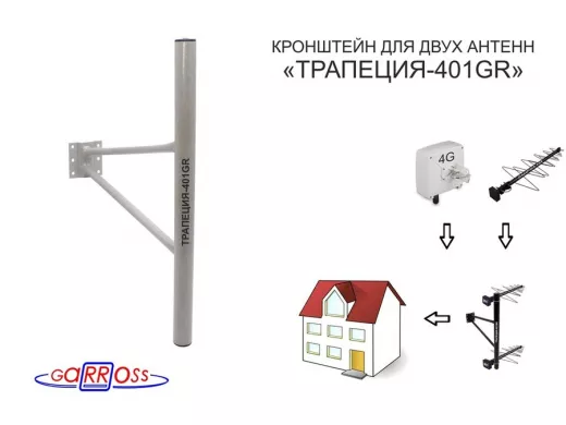 Кронштейн антенный "ТРАПЕЦИЯ-401GR" СЕРЫЙ УСИЛЕННЫЙ вылет 0,4метра; диаметр трубы 32мм, высота 0,5м