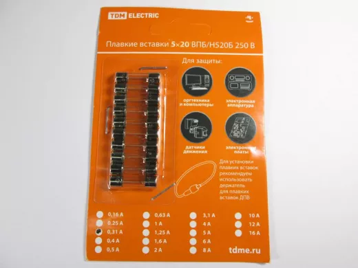 Плавкая вставка ВПТ6-3 0,315А 250В TDM упаковка (10шт.) SQ0738-0103