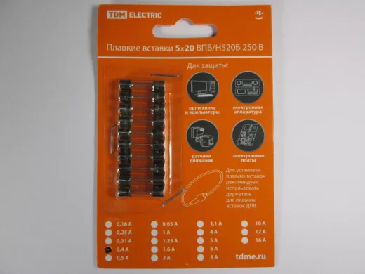 Плавкая вставка ВПТ6-4 0,4А 250В TDM упаковка (10шт.) SQ0738-0104