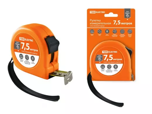 Рулетка TDM 7,5 м, стальная лента, ширина 25 мм, прпластиковый корпус, "Гранит" SQ1018-0103