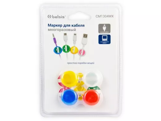 Маркер для кабеля, многоразовый, тип "клипса" круглая со стикером, цветной, 4 шт. в блистере EAN