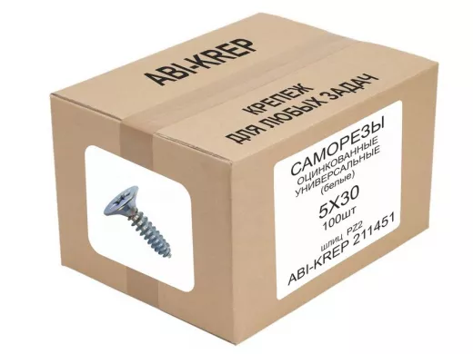 Саморезы универсальные оцинкованные  5 х 30 белые ( 100шт) "ABI-KREP 211451" 0,238кг, шлиц PZ2 2,38г