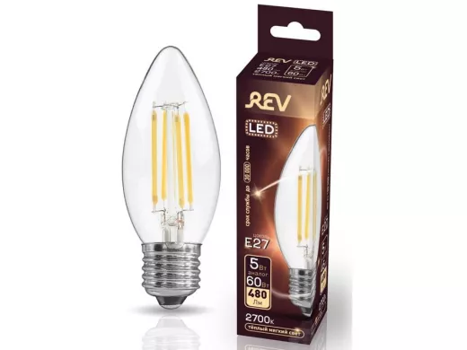 Светодиодная лампа  REV FILAMENT свеча C37 E27 5W, 2700K, DECO Premium теплый свет