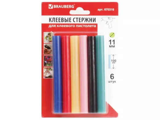 Клеевые стержни, диаметр 11,0мм, длина 100мм, цветные (ассорти), КОМПЛЕКТ 6 штук "BR-79852", блистер